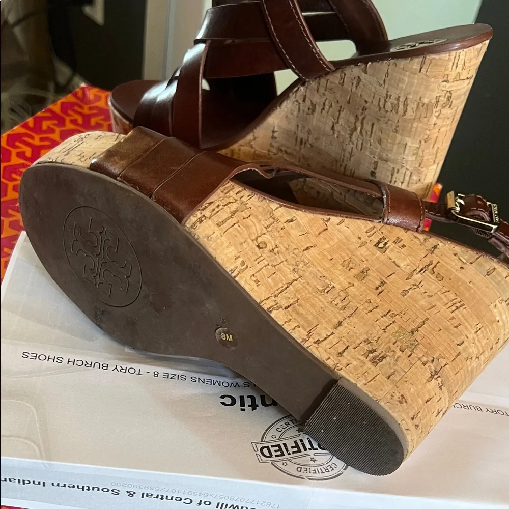 🛑 1 hour sale. Tory Burch, size 8, Sienna Chocolate Brown Cork Wedges, EUC - Picture 11 of 14